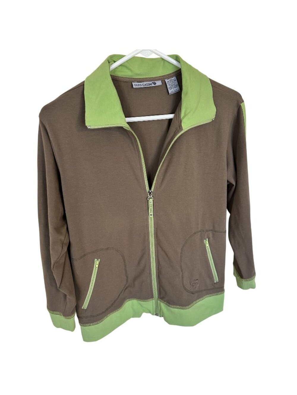Oleg Cassini Brown & Green Zip Up Jacket Lightweight Soft Cotton Blend Womens